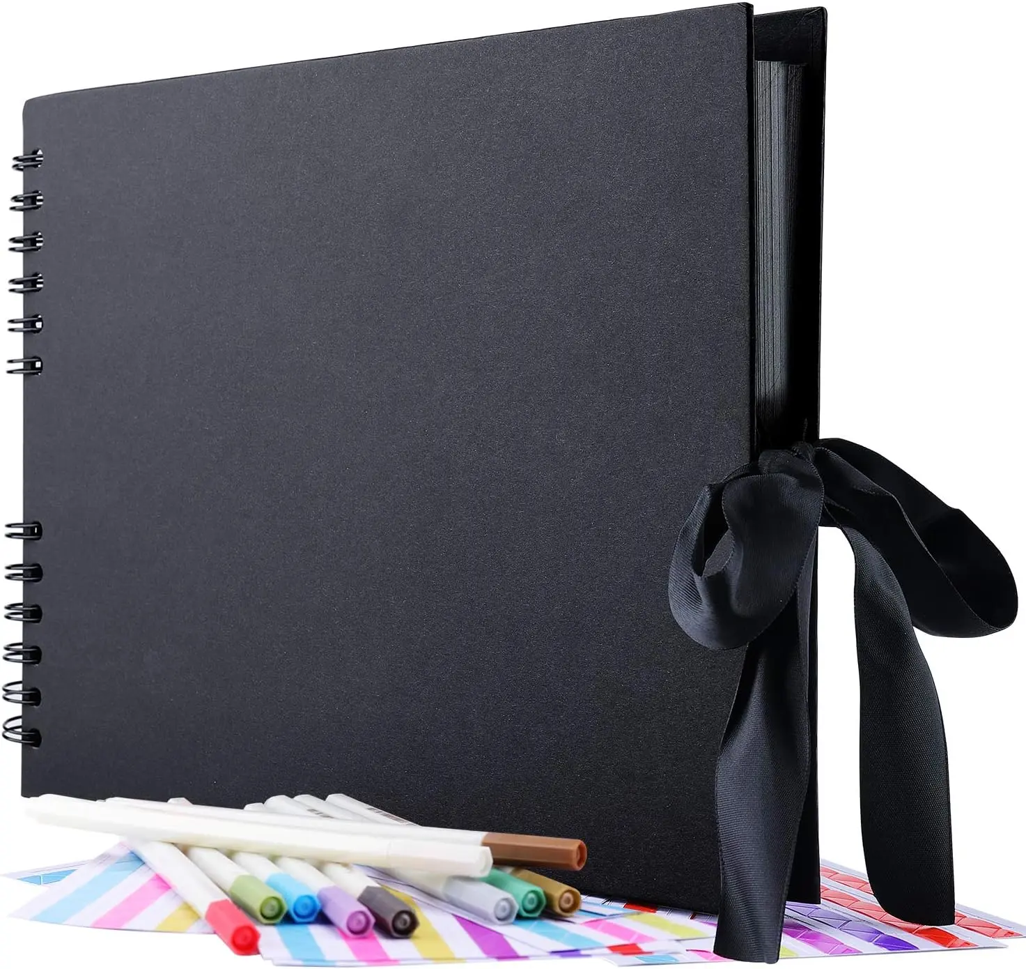 Black Durable Non-Fading Large DIY Scrapbooking Set - 80-Page Album, 10 Metallic Colored Markers, Craft Paper, Self Adhesive Stickers, Corners, 11.4"l x 8.46"w x 0.75"h, Travel-Friendly DIY Craft Kit for Wedding, Birthday Gifts, Photo Storage Home Decor