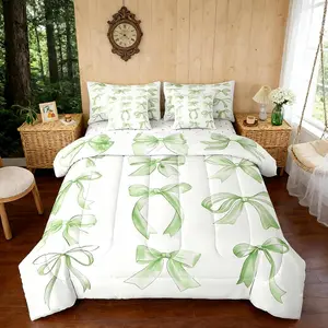 Bowknot Comforter Set with Sheets Watercolor Bow Bed in a Bag Bow Tie Butterfly Knot Princes 7 Pieces Bedding Set Dreamy Princess Style Bed Set Light Green