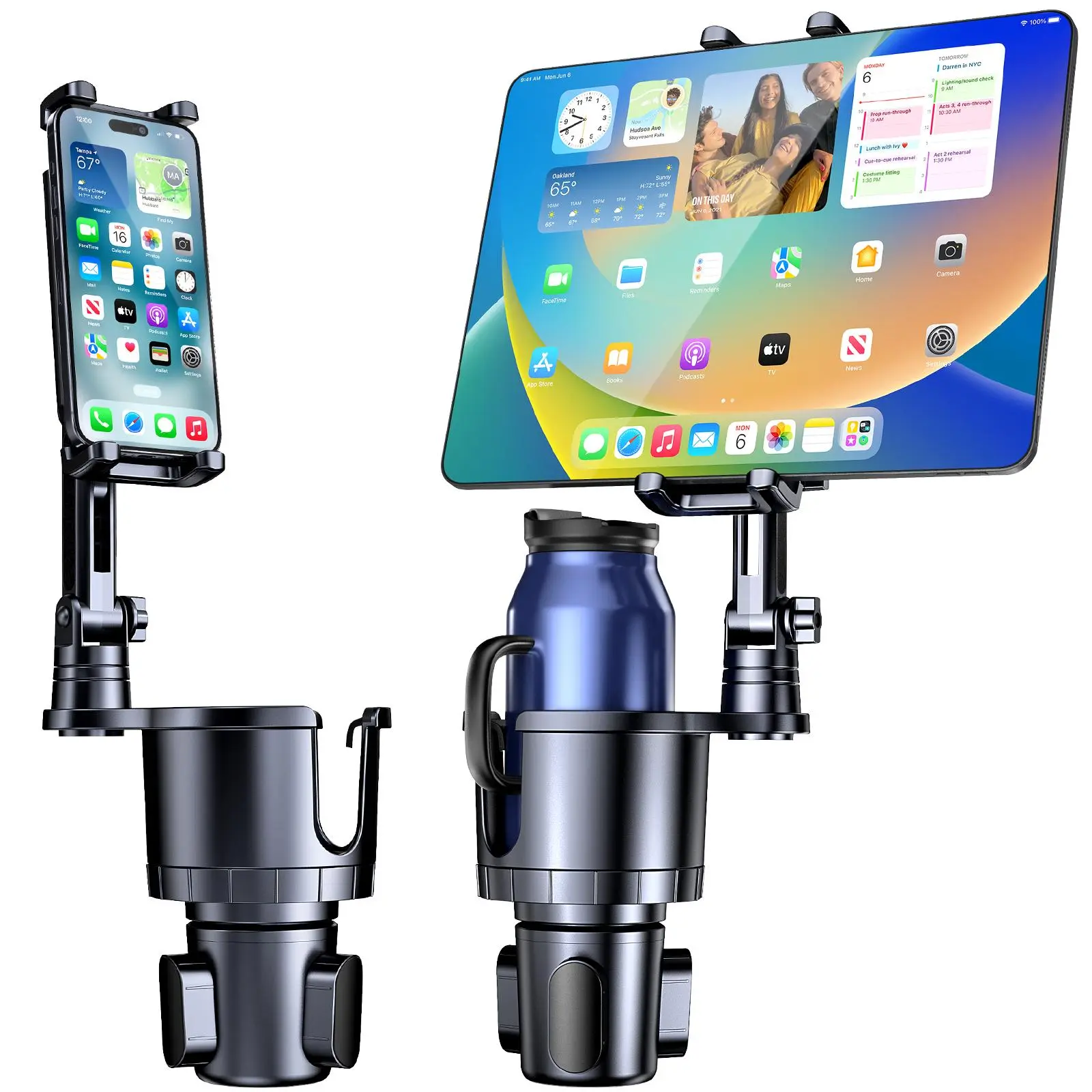 Dual Functionality Car Phone & Tablet Holder, Adjustable Car Cell Phone Holder with Water Bottle Holder, Universal Holder for 4.7-12.9 Inch Devices, Tablet (1 Count), Car Phone Mount, Car Cellphone Mount, Car Phone Stand, Car Phone Holders