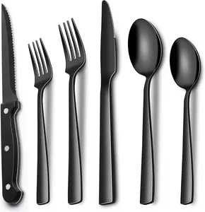 EWFEN 24-Piece Black Silverware Set with Steak Knives, Food-Grade Stainless Steel Flatware for 4, Mirror Finished Cutlery for Home & Restaurant, Square Edge Design