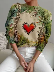Women's Heart Print Floral Stand Collar Short Fitted Sweater Tops, Fall Winter Casual Long Sleeve Knitwear, Comfortable Warm Daily Wear, Elegant Design, Womenswear