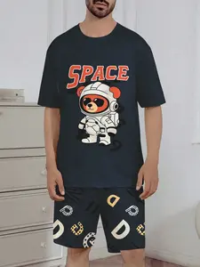 Summer Men's Pajamas Set, Casual Comfort Cartoon Letter Print Short Sleeve and Shorts Two-Piece Set, Men's Sleepwear and Home Wear