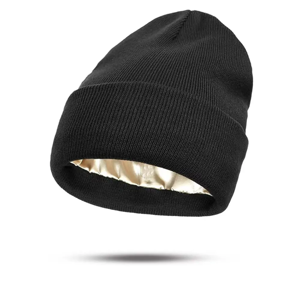 Satin-Lined Knit Beanie, Smoothing Haircare Hat for Men and Women, Warm Cuffed Knitted Cap for Daily Wear & Skiing, Knitted Hat