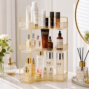 3-Tier Transparent Corner Bathroom Organizer with Shelves, Countertop Perfume Tray, Vanity Makeup Cosmetic Storage for Bathroom Dresser, Gold Pole