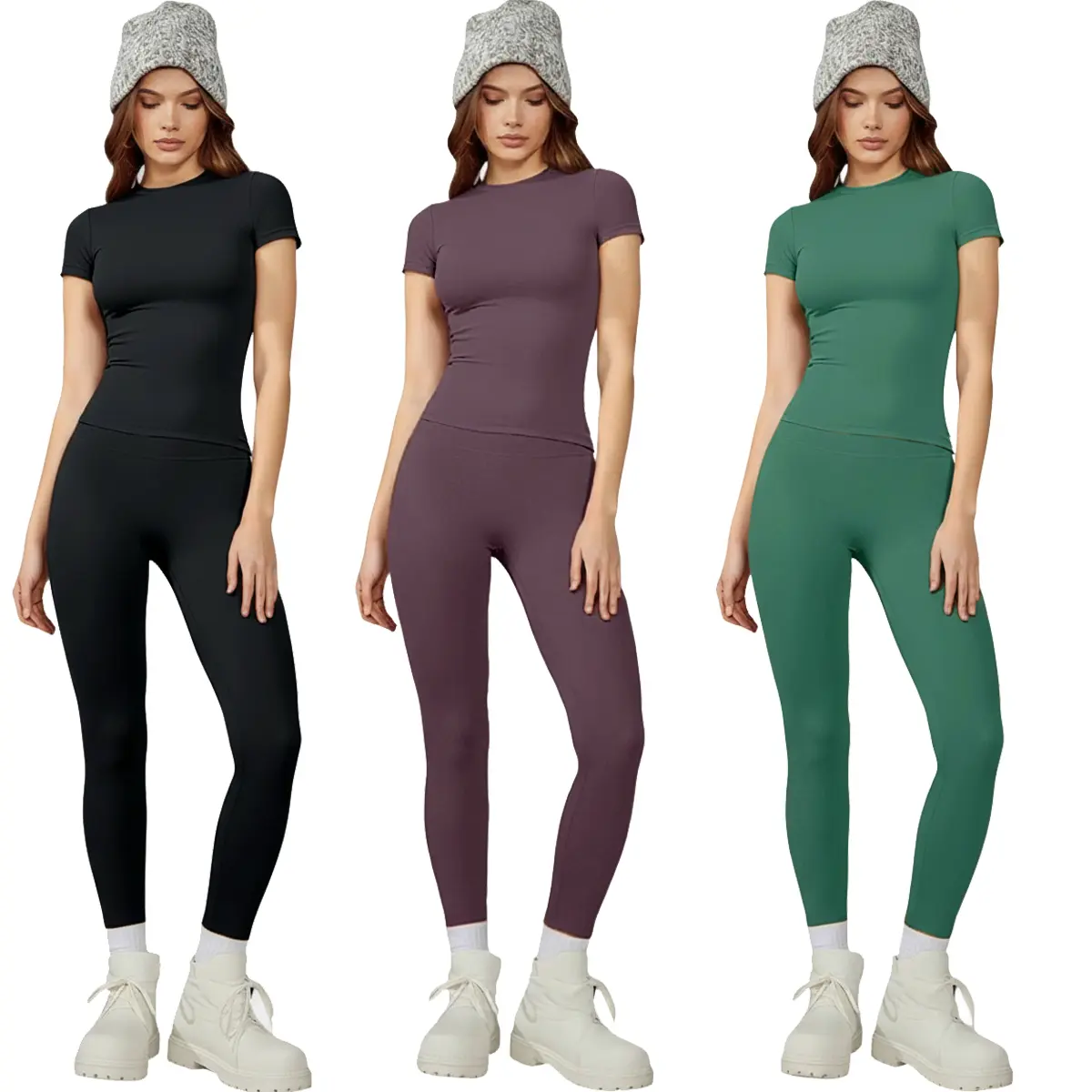 Kabuer Woman 2 Piece Set, Women's Athleisure Gym Clothes, Solid Short Sleeve Crew Neck Top & High-Waisted Bottoms, Women's Clothes