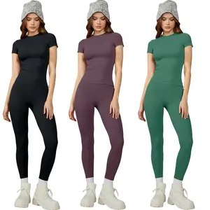 Women's 2 Piece Yoga Set High Waisted Leggings with Slim Fit Short Sleeve Top Athletic Wear for Gym & Yoga All-Season Compression Activewear