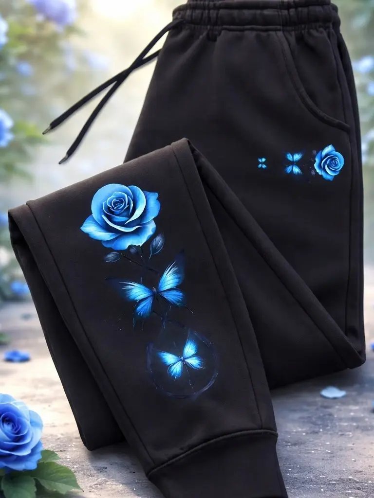 Casual High Quality Outdoors Women's Pants Sweatpants with Blue Rose & Butterfly Print Elastic Band Trousers Jogging Drawstring Sports
