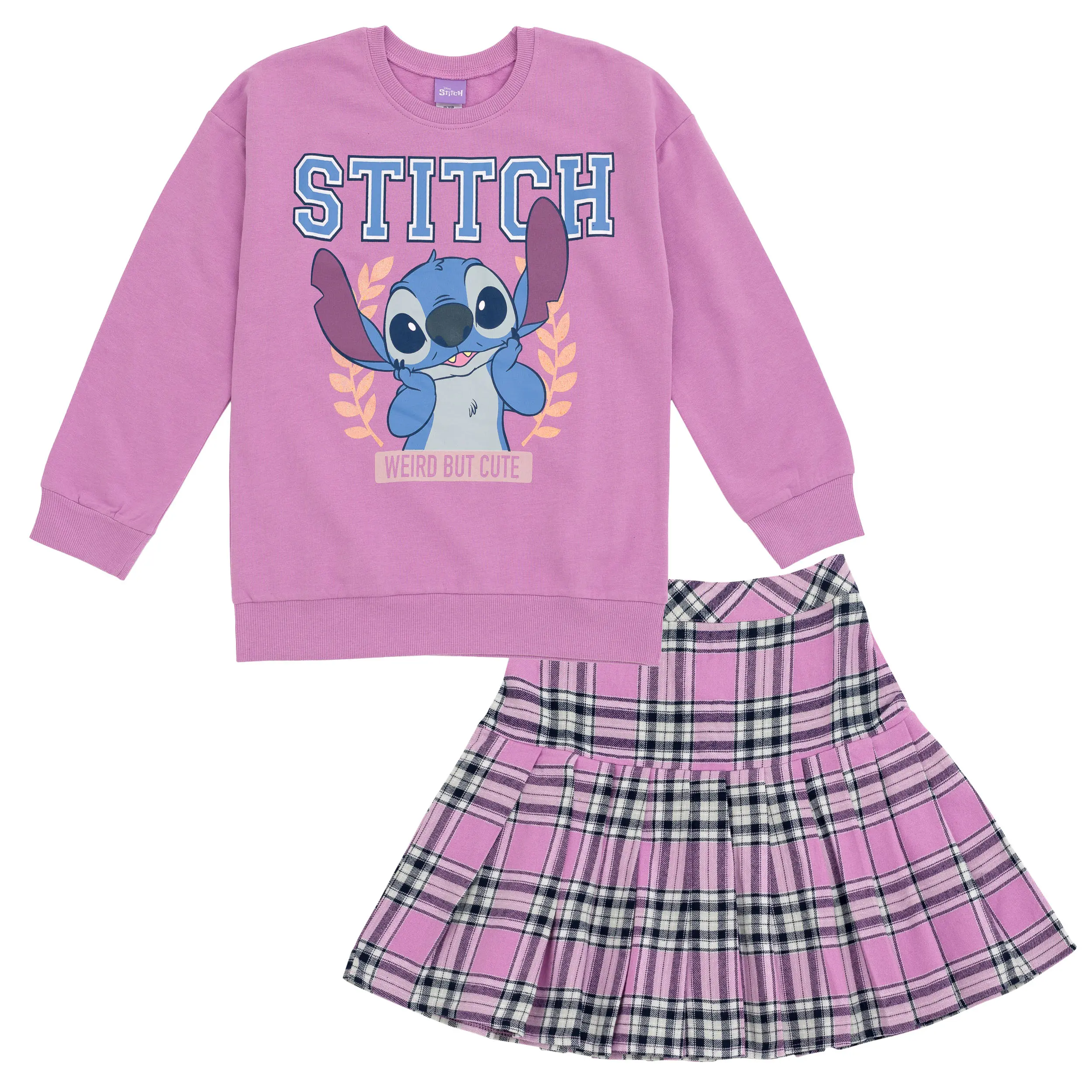 Disney Lilo & Stitch Girls' 2-Piece Matching Set - Glitter Graphic Pullover with Drop Shoulder, Elastic Waist Plaid Skirt, Pull-On Wear for Purple Little Kid to Big Kid Clothes, Casual, Fleece Blend