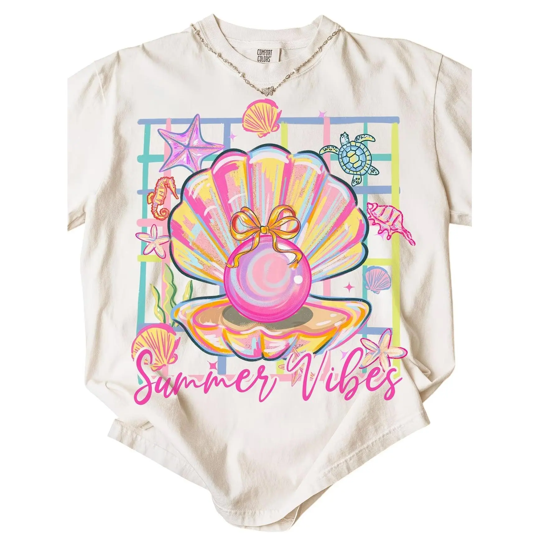 Unisex 100% Soft Cotton Loose Sports Top - Multi-Size, Casual, Lightweight, Sporty Chic, Colorful Seashell, Pearl, Starfish, Seahorse Adornments, Pink "Summer Atmosphere" Graphic, Crew Neck, Daily Wear Essential for Outdoor Activities
