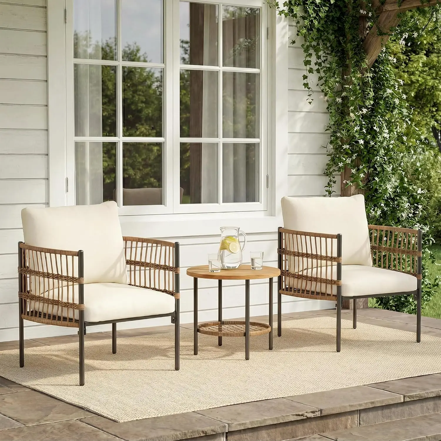 LAUSAINT HOME 3-Piece Outdoor Patio Furniture, All-Weather Wicker Patio Conversation Set with Thick Cushions and 2-Tier Coffee Table for Patio, Balcony, Backyard, Beige