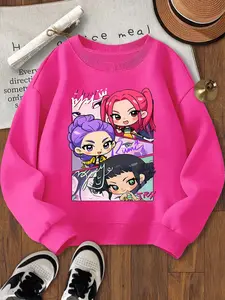 Cartoon Girl Printed Loose Sports Hoodie for Girls, Cute Cartoon Clothes, Elastic Fabric, Casual Spring & Fall Sweatshirt, Perfect for Outdoor & Indoor Activities
