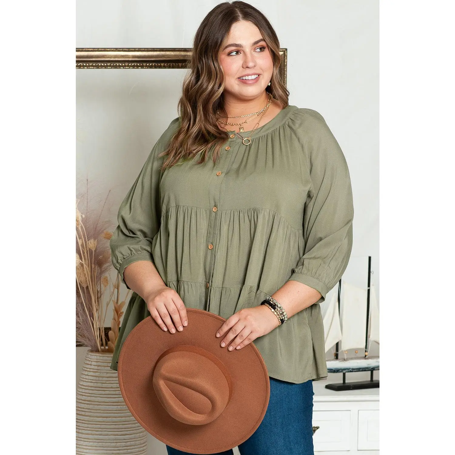 Green Plus Size Ruffle Tiered Split Neck Shirt