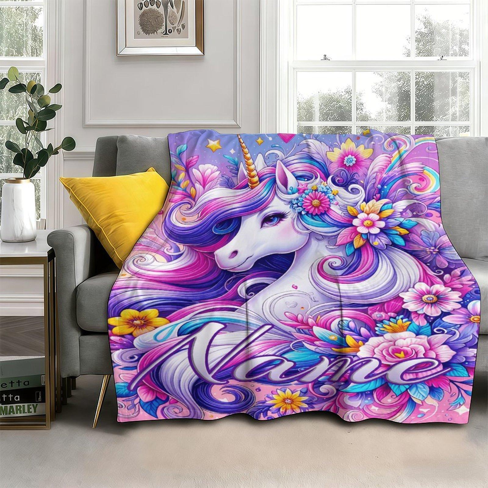 Custom Pink Unicorn Flannel Blanket ,Personalized Name Gift ,Suit for The Sofa, Bed, Travel, Camping, Living Room, Office, Chair，Gifts for Family or Child  ,Friend , Send your custom text via shop chat to personalize