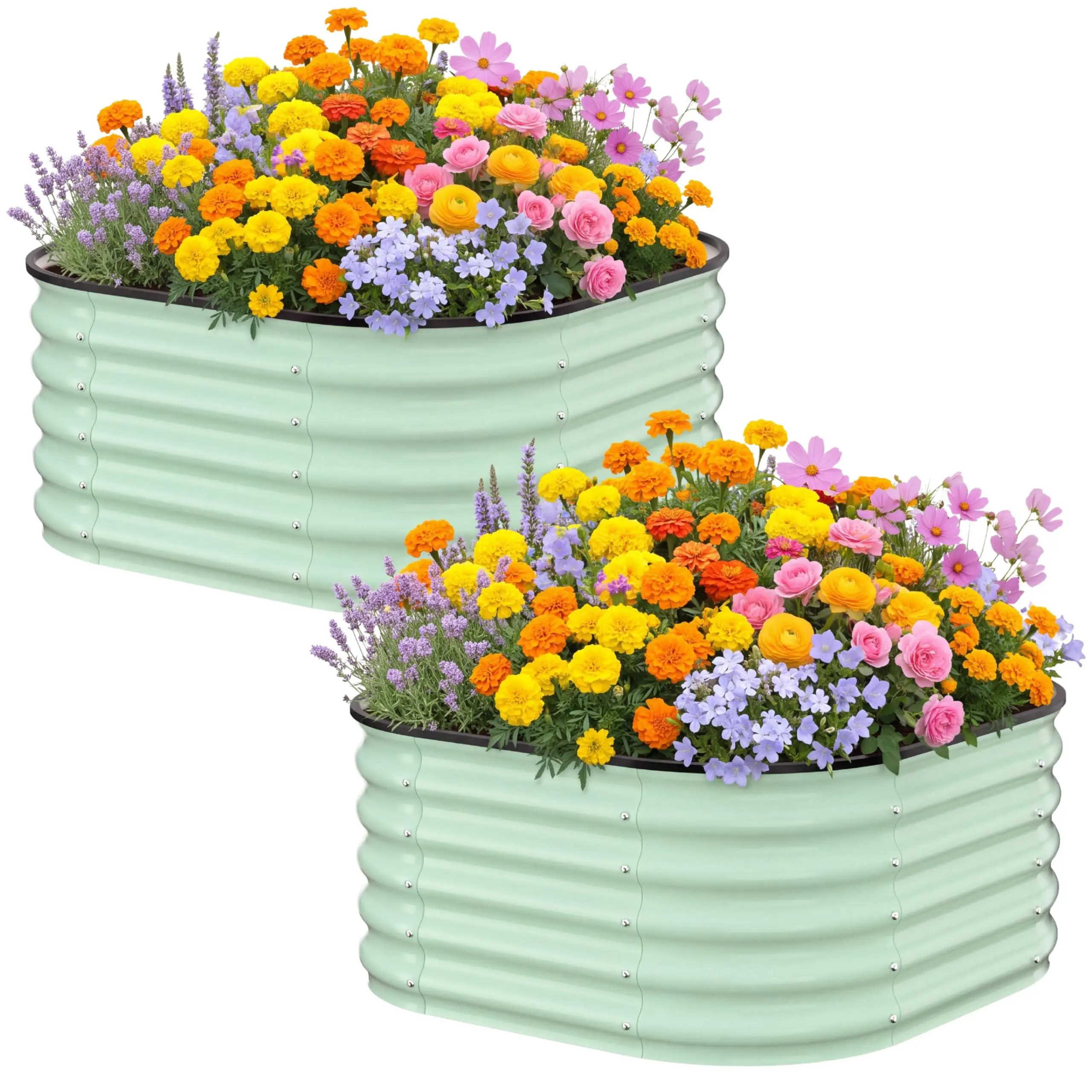 2 Pack 5x2x1.4ft/3.5x3.5x1.4ft Galvanized Raised Garden Bed Outdoor, 2-in-1 Oval & Rounded Square Metal Raised Garden Bed Planter Box, Planter Raised Beds for Gardening, Olive Green