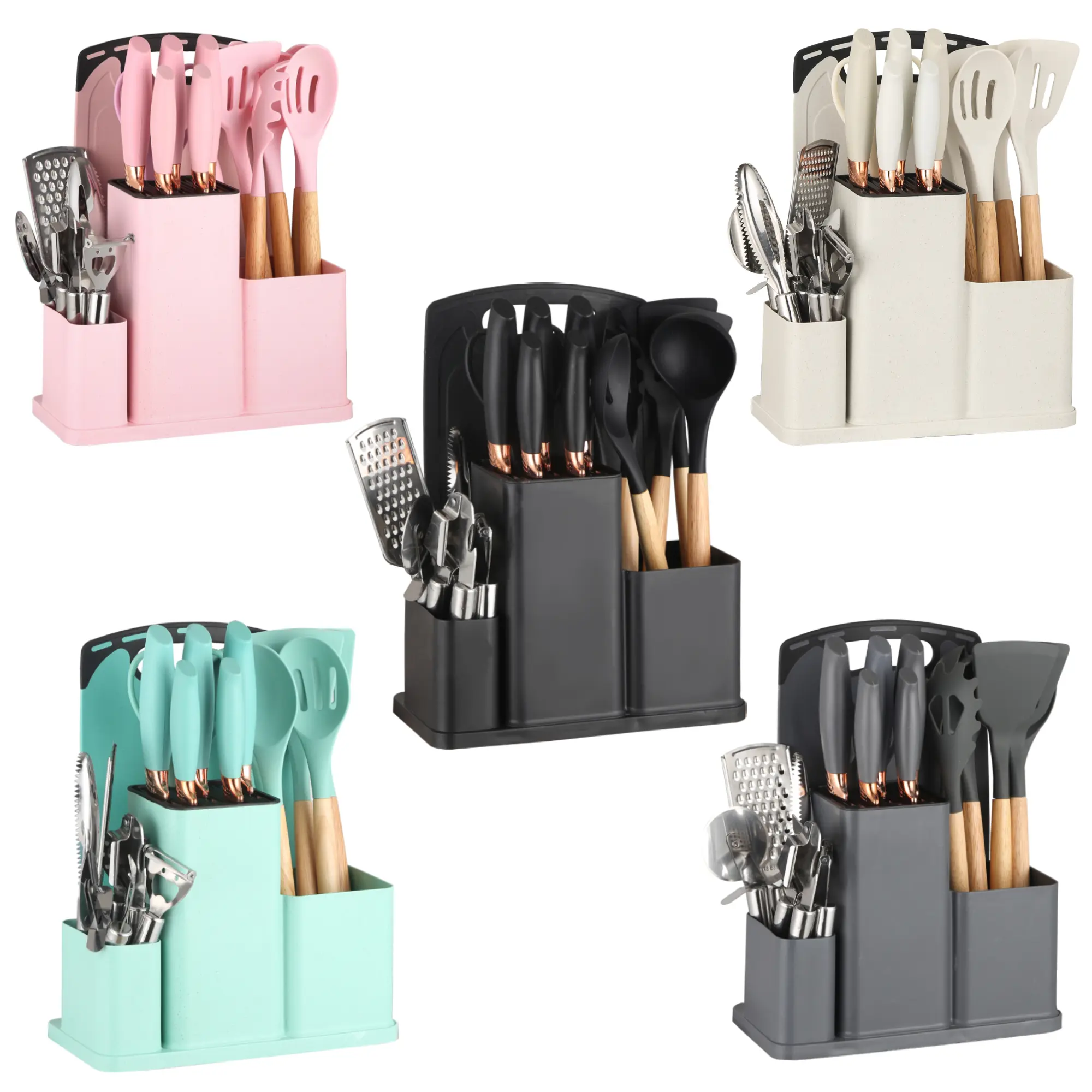 20pcs Silicone+Steel Kitchen Utensil & Knife Block Set with Organiser - Premium Silicone Cooking Tools with Wooden Handles, Heat-Resistant Non-Stick Kitchen Accessories: Garlic Press, Pizza Cutter, Grater, Paring Knife