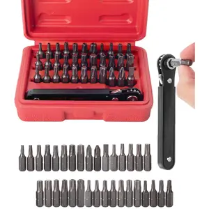 Mini Ratchet Set, 34 count, 1/4-Inch Drive, Cr-V Steel,  Bit Set, Right Angle , 90  , Torx Plus/Torx/Phillips/Slotted, Red Storage Box