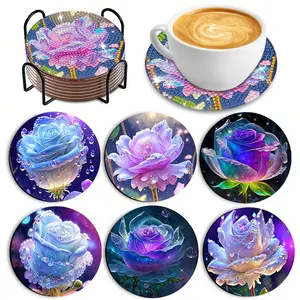 Floral Pattern Diamond Painting Wooden Kitchen Coasters Set of 6, DIY Creative Cup Mats, Holiday Gift, Decorative Tableware Accessories