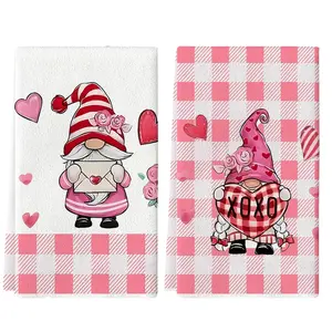 Romantic Valentine's Day Gift Set, Buffalo Plaid Heart Print Towels, Decorative Towels, Kitchen Bathroom Decor, Reusable Dishcloths