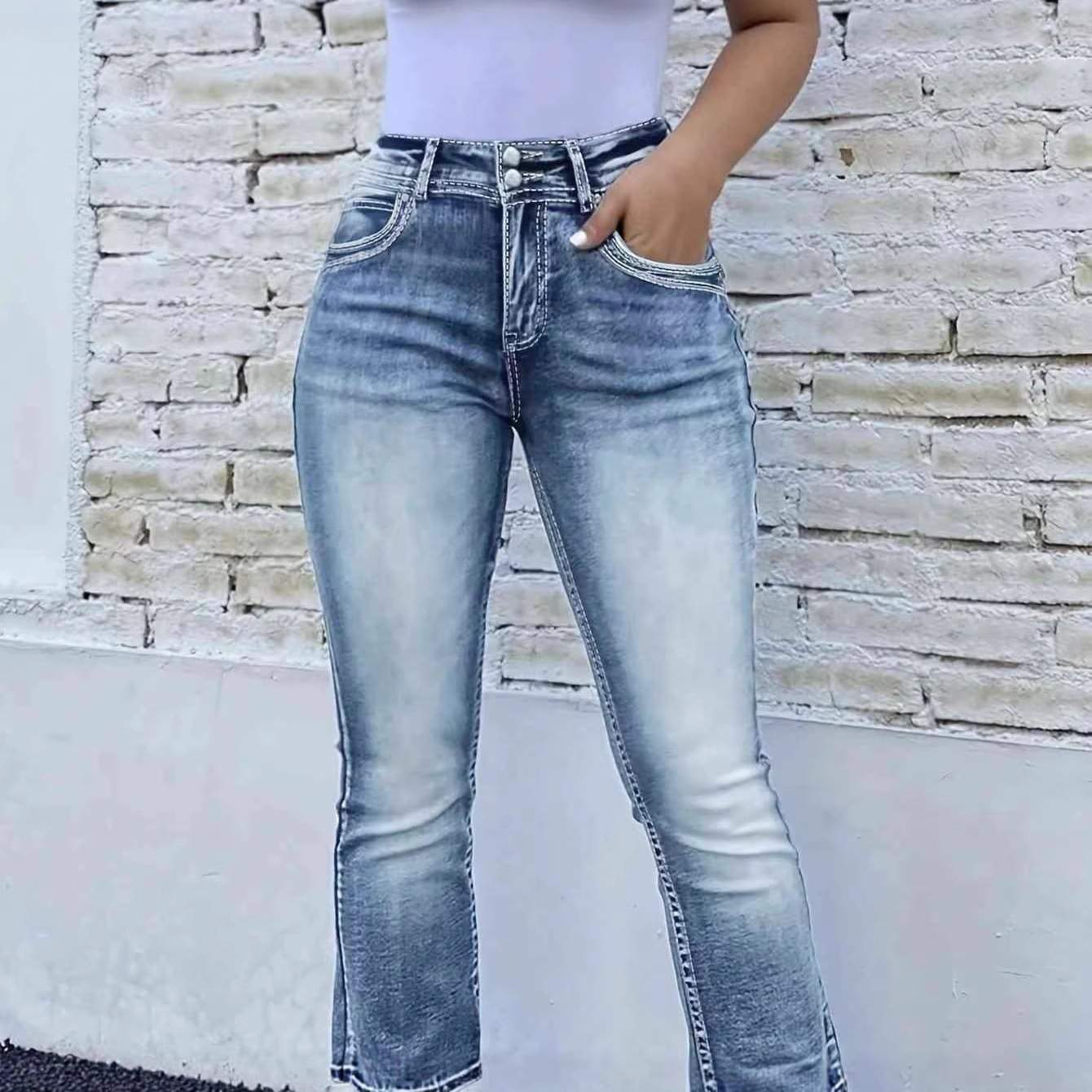 Retro Stretch Pocket Embroidery Patchwork Washed Denim Jeans