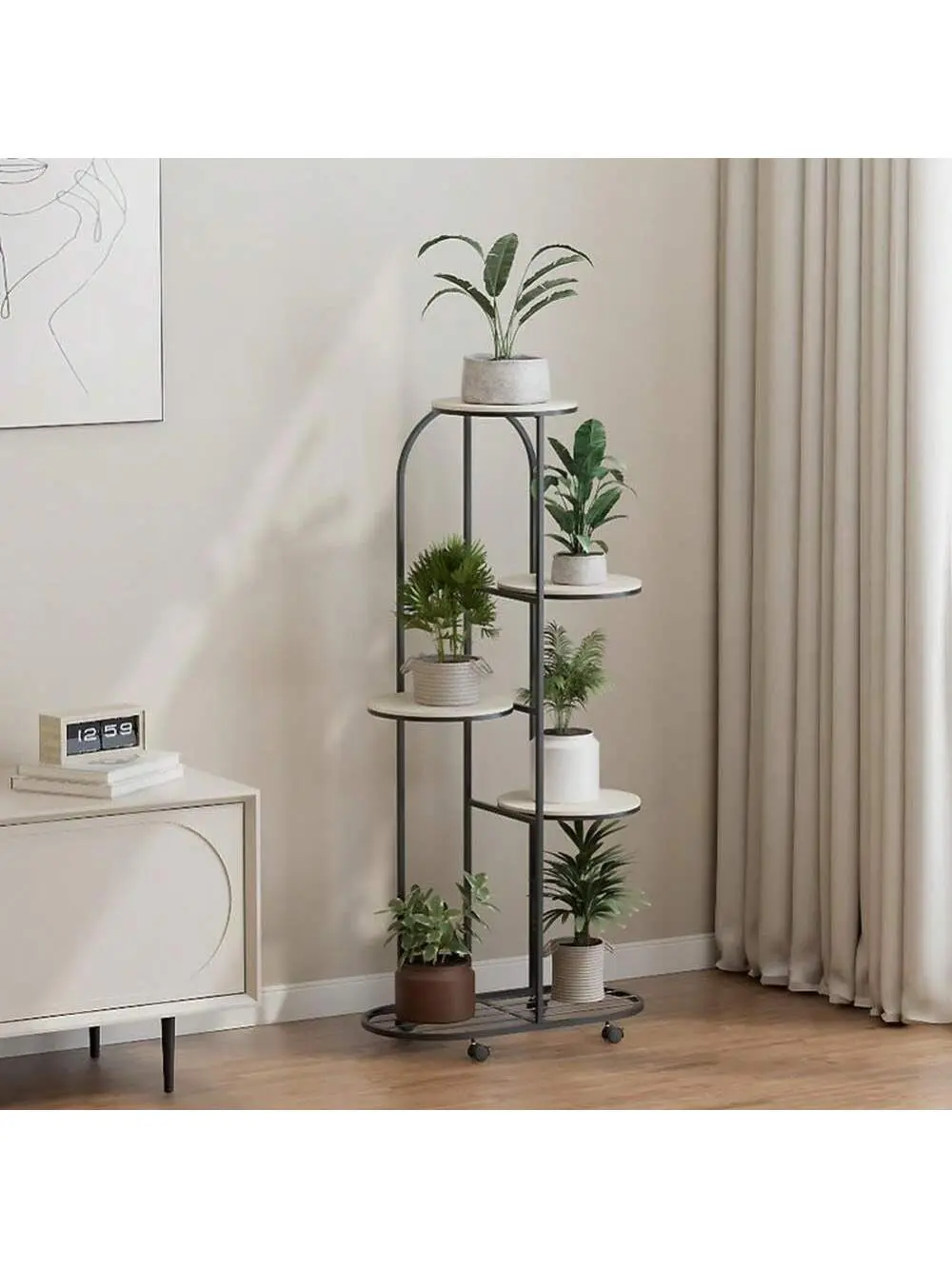 Gaomon 5-Tier Black Matte Wrought Iron Metal Plant Stand - Indoor/Outdoor Corner Garden Plant Stand with Swivel Wheels, Portable Cart, Modern Large Multi-Pot Display Shelf for Living Room