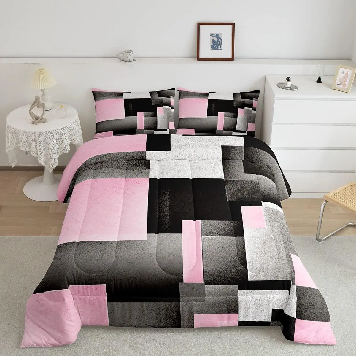 Feelyou Queen Size Quilt Sets - Pink-Grey-Black Buffalo Check Comforter, Modern Abstract Stripe Duvet, Digital Print, Machine Washable Bedding, No Snug as a Bug in a Rug Cozy Bed Setup, Stripes