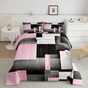 Feelyou Queen Size Bedroom Bedding Set - Pink-Grey-Black Buffalo Check Comforter, Modern Abstract Stripe Line Duvet, Decorative, Digital Print, Machine Washable