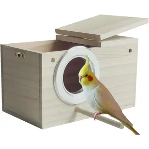 Parakeet Nesting Box 7.87 X 4.72 X 4.72 inch Bird Nest Breeding Box with Perch Parrot Mating Wood Bird House Aviary for Cage (S Horizontal Wood)