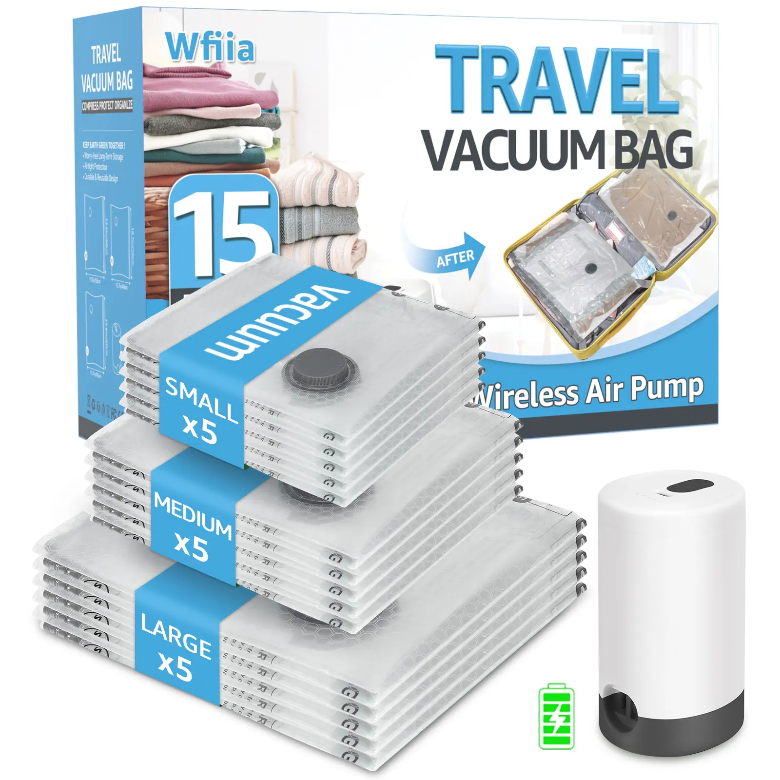 15 Pack Vacuum Storage Bags with Rechargeable Electric Air Pump, Travel Compression Bags for Luggage, Space Saving Closet Organizer for Home and Dorm Organiser saver bag sohochic