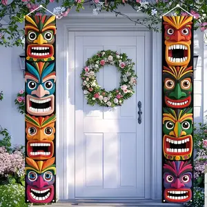 Hawaiian Party Decorative Flags, Summer Tiki Totem Couplets, Durable Polyester, 180cm X 30cm, Tropical Door & Wall Decoration, Wall Hanging Backdrop