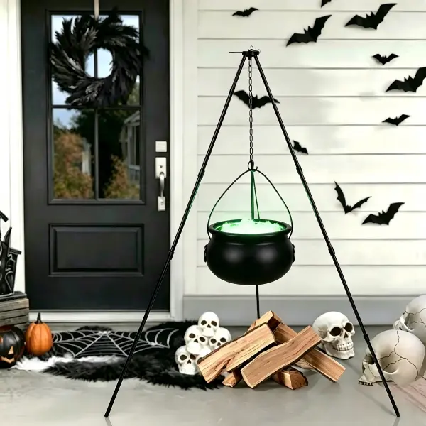 Witches Cauldron on Tripod with String Lights, Black Plastic Candy Bucket, Halloween Decorations for Indoor Outdoor Yard Porch Lawn, Hocus Pocus Witch Party Decor, Halloween Gift Choice
