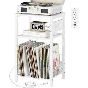Record Player Stand, 3-Tier White Side Table with  Station, Small End Table Record Holder with Vinyl Storage, Beside Tables Turntable Stand for Album CD, Night Stand for Living Room