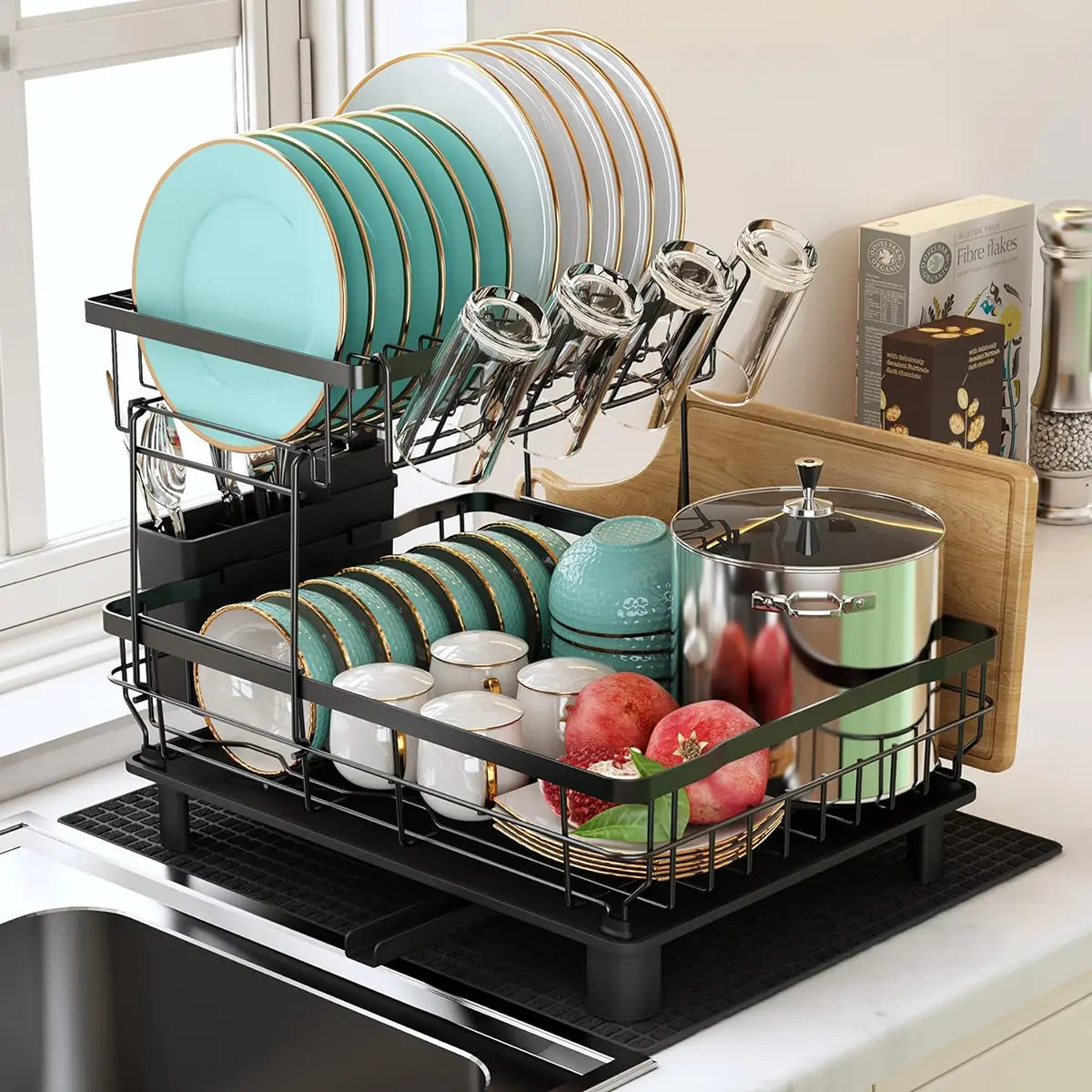 Kitchen Double-Layer Dish Drying Rack, Storage Rack with Drainage Board and Cutlery Rack,Self-draining,Fits plates of different sizes,The drain pipe can be rotated 360°,Easy to assemble,Easy to clean,The top is removable,Utensil Installation Organiser sum