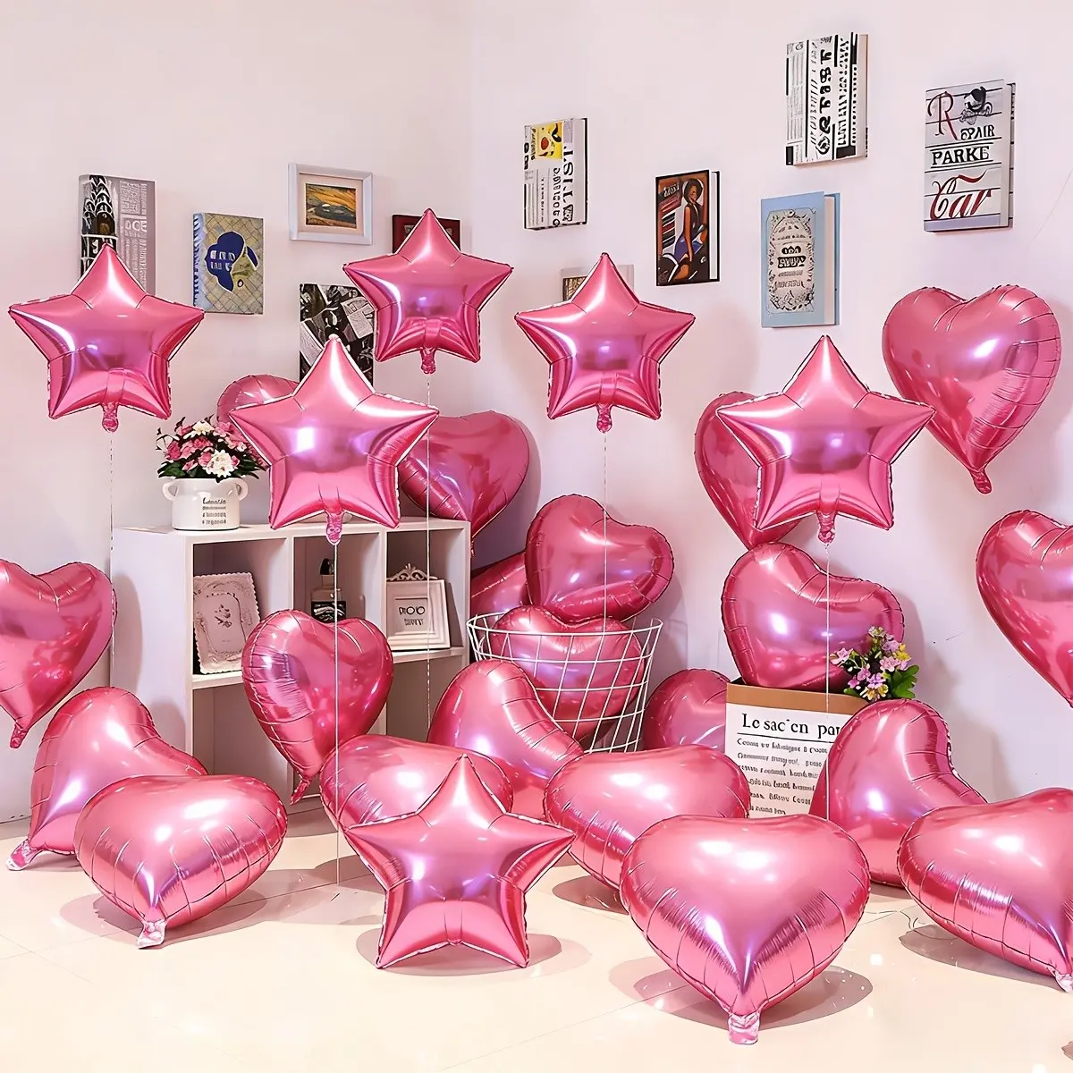 Pink love balloons with pink foil star balloons, total length 25.4cm, 16 in total, suitable for retirement, wedding, birthday decoration, anniversary gifts, graduation party decoration, Balloon Decorations, Balloon Set