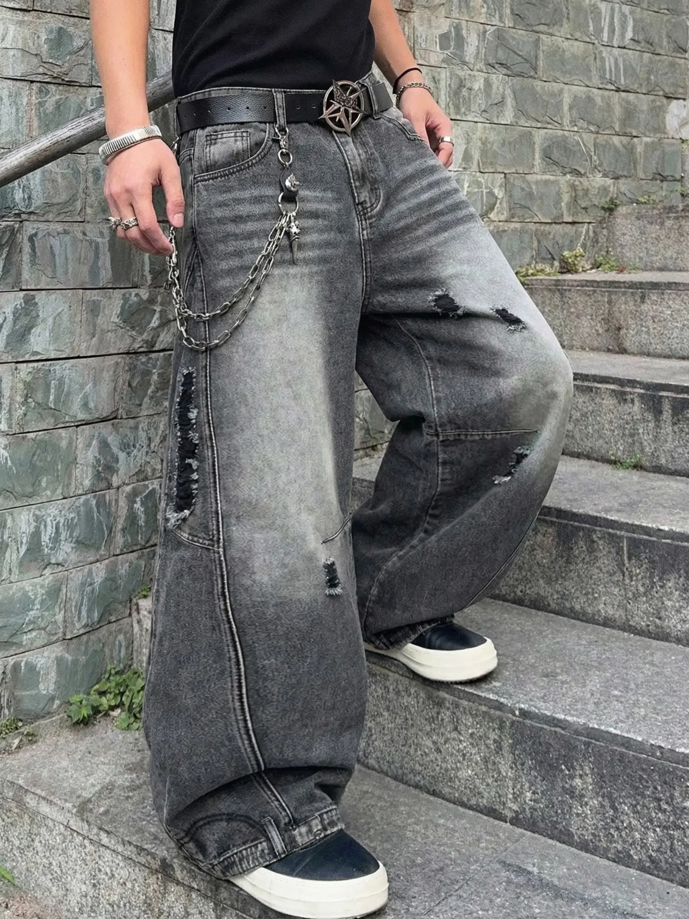 Men's Vintage Washed Loose Jeans, Casual Comfy Jeans, Menswear Wide Leg Casual Plain Denim Jeans with Distressed Holes, Streetwear Street Style Gothic Rock Casual Long Pants, All Season Gift