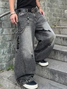Men's Vintage Washed Loose Jeans, Menswear Wide Leg Casual Plain Denim Jeans with Distressed Holes, Streetwear Street Style Gothic Rock Casual Long Pants, All Season Gift