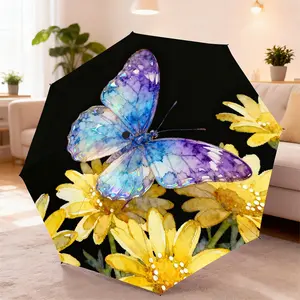 Watercolor Butterfly Rain Umbrella, Deep Background with Blue Butterflies and Flowers, Watercolor Pattern, Automatic Open-Close, Foldable Design, UV Umbrella