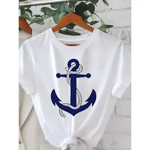 Nautical Anchor Print Women's T-Shirt - Fashionable white T-shirt with blue anchor design and white rope pattern, suitable for summer and nautical enthusiasts
