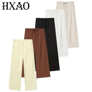HXAO Linen Baggy Pants Women Pants Summer 2025 Wide Leg High Waist Trousers Black Yellow White Beige Brown Pant Chic Slacks Pant