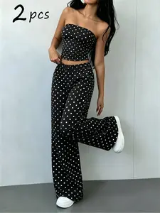 French Retro Polka Dot Bustier Strapless Set, Chic Casual Vacation, Fitted Suit, All Seasons, Multiple Colors, Perfect for Plus Size