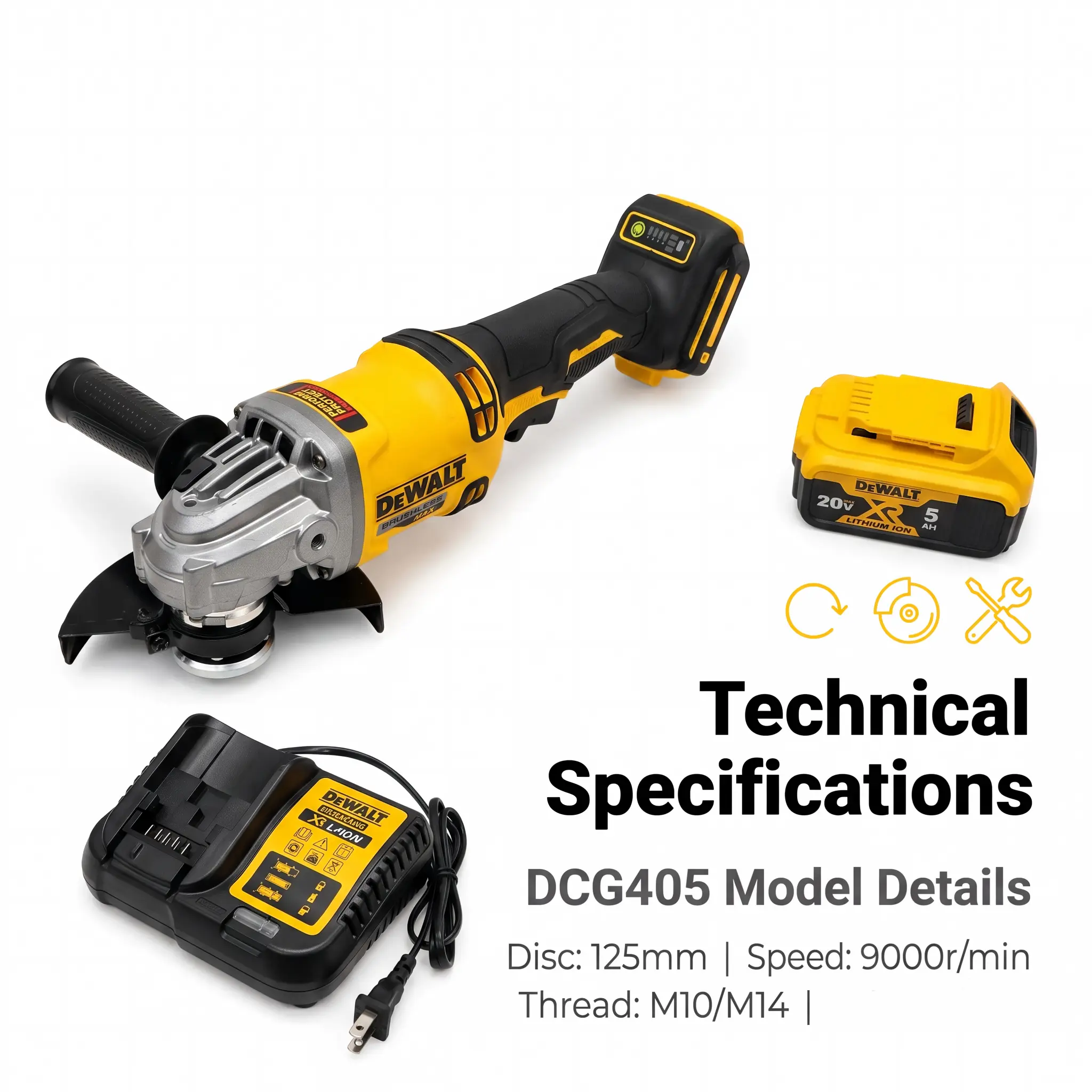 DEWALT DCG405 Angle Grinder - 125mm Disc, Designed for Metal and Stone Cutting mini electric drill spindle long runtime high torque impact versatile hand tool long-lasting power work mechanical automotive repair solution level unit nut lug remover