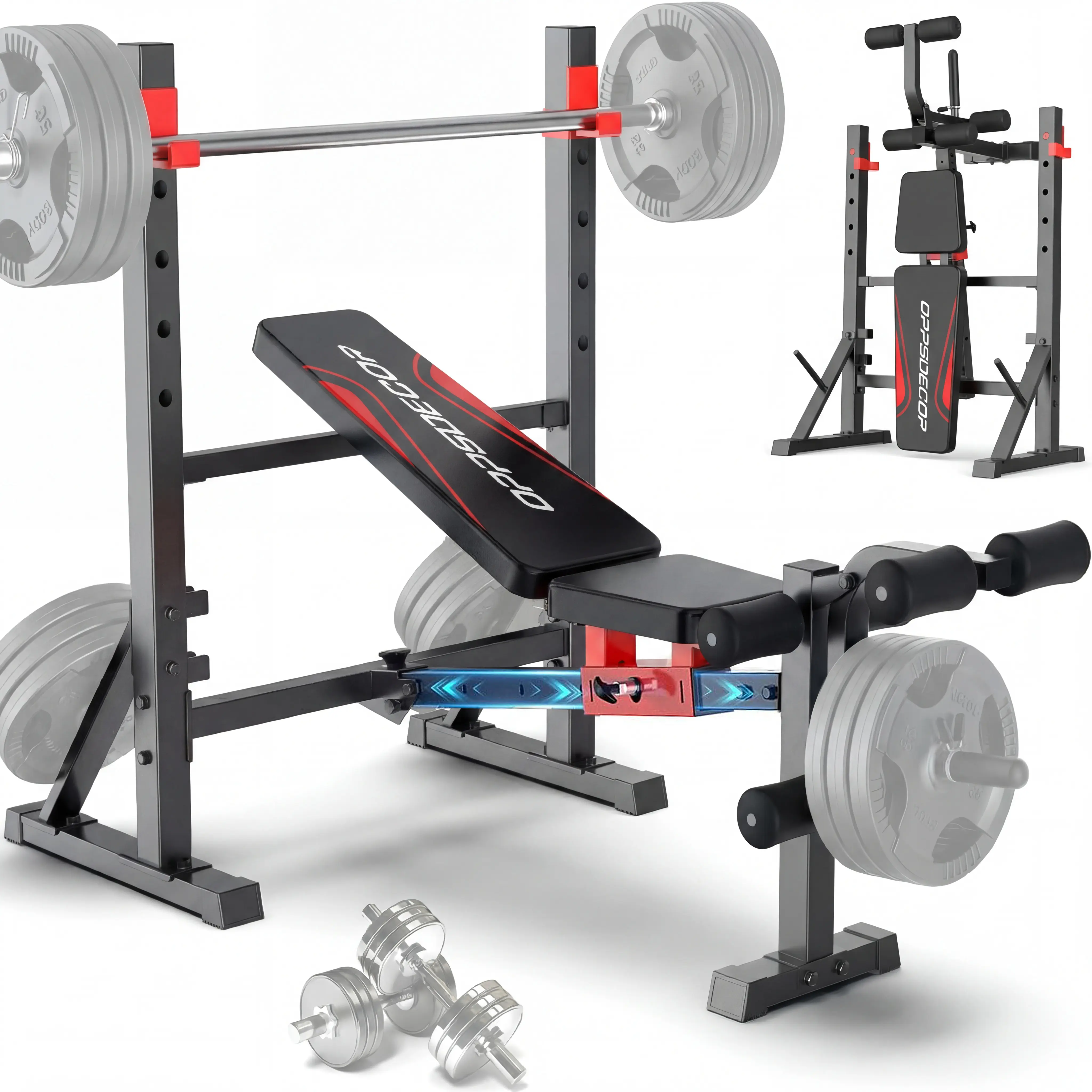 【Live Only】OppsDecor Home Gym Adjustable Weight Bench Set - Fast Folding Strength Training Benches Workout Station with Squat Rack, Leg Extension, Leg Curl, Adjustable Back/Seat/Barbell Rack, Flat Incline Decline Positions for Press Training,summervibes