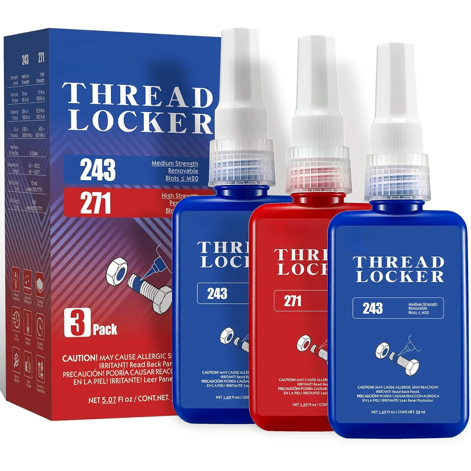 3 Pack Thread Locker Blue 243 + Red 271 Removable & Permanent Locking 5.07 Fl oz Nuts  Threadlocker Seal & Lock Tight Fasteners Anaerobic Curing Metal Glue (243 x2 + 271)