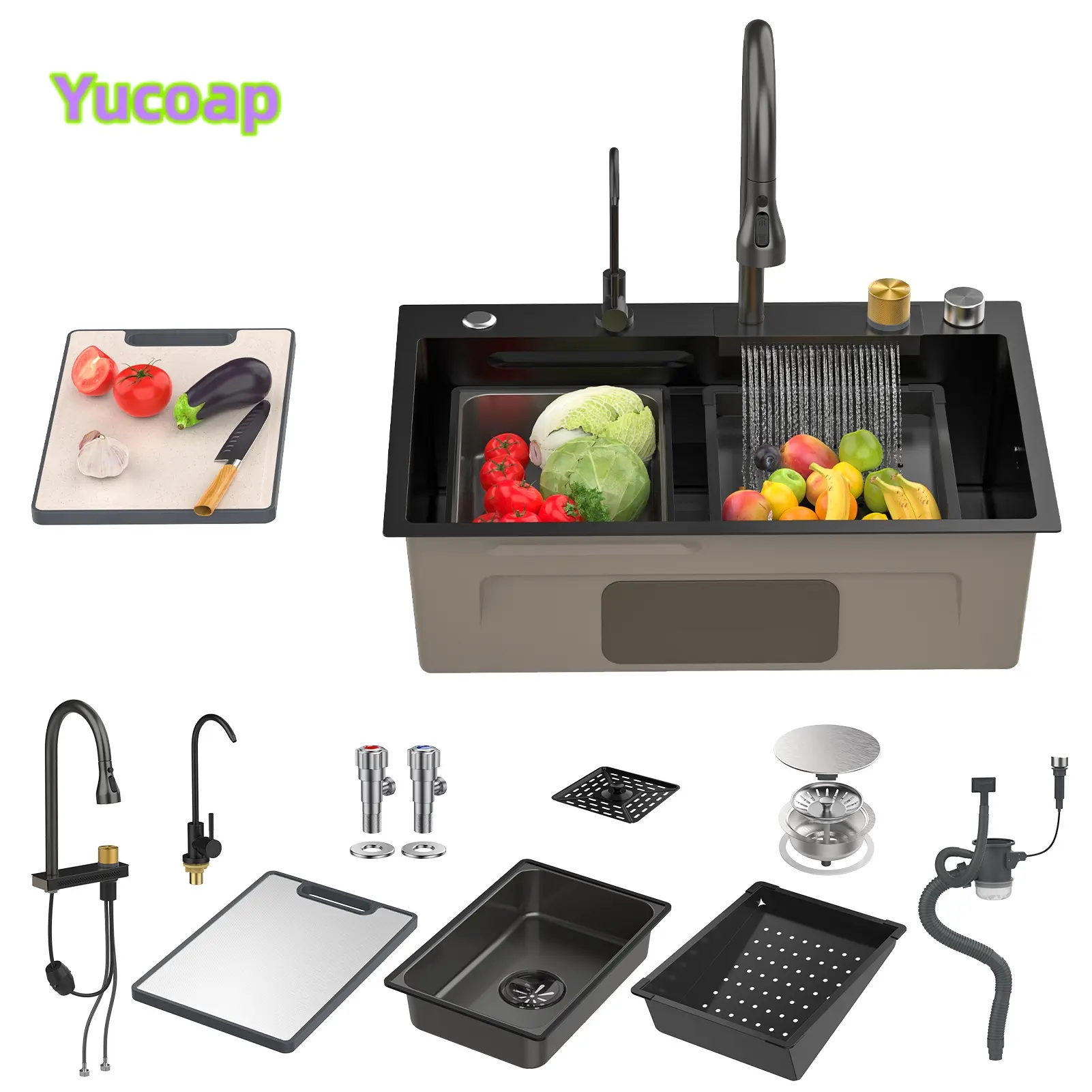 YUCOAP Black Waterfall Kitchen Sink, Stainless Steel Single Bowl Workstation Sink with Cup Rinser, Drop-In or Undermount Installation, Includes Accessories, 26.8 x 17.7 in  2 water