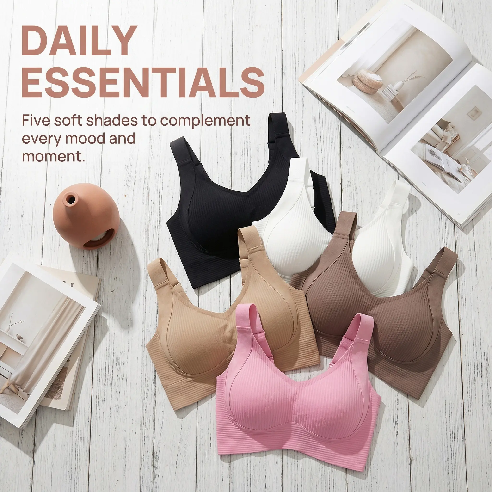 BOGO Women's 5-Pack Aesthetic Seamless Wireless Bralettes - Buttery Soft Ribbed Nylon Knit Fabric, Minimalist Solid Basic, Flat Smooth Lightweight, Adjustable Straps, Breathable No Underwire Female Wear Essentials for Everyday All-Seasons Use