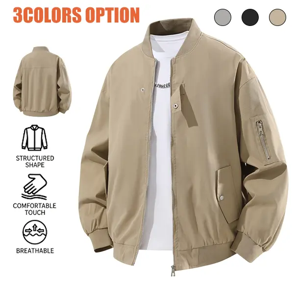 Minimalist solid-color men’s baseball jacket — breathable, comfortable, with 3D cutting; versatile outerwear for everyday commuting.