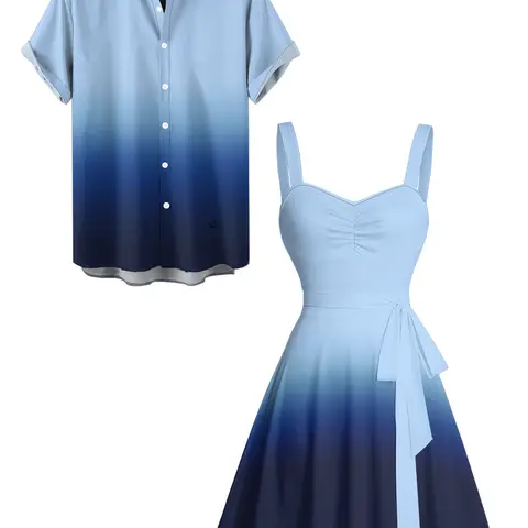 2026 Casual Couple Outfit Women's Ombre Ruched Bust Belt Sweetheart Neck A Line Mini Dress and Men's Roll Up Sleeve Shirt Matching Outfit