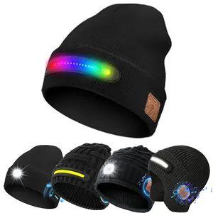Wireless Headphones Beanie Hat, 1 Count USB Rechargeable LED Headlamp Beanie Hat with Built In Mic, Elastic Fit Lightweight Music Cap for Men & Women
