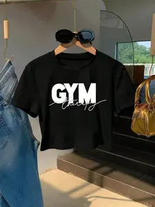 Women's Short Sleeve Crop Top Gym Sporty Style, Fitted Letter Print Design, Ideal for Yoga Running Daily Wear Gym Tee, Activewear T Shirt, Gym Tops, Sports Tops