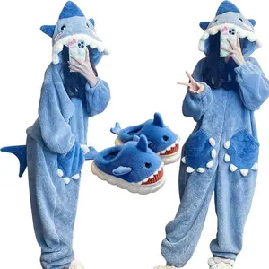 Cartoon cute shark women's hooded pajamas winter role-playing jumpsuit women's Christmas party home outfit