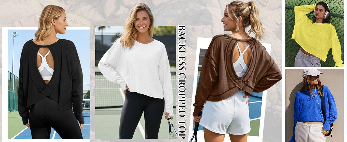 Mundoven Women's Open Back Tops Y2K Short / Long Sleeve Workout Shirts Casual Yoga Athletic Gym Slouchy Crop Running Tees